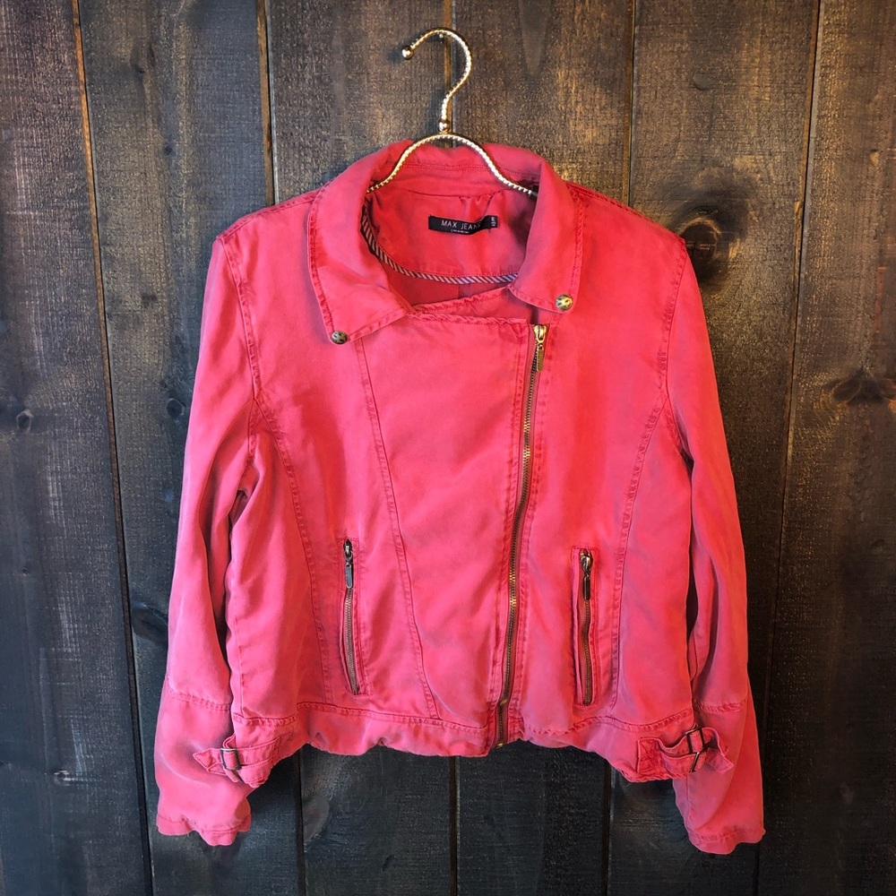 Max Jeans Red Tencel Moto Style Zipper Jacket